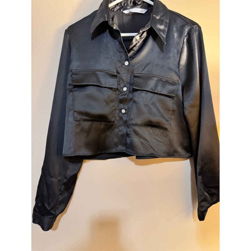 Zara Womens Black Satin Cropped Button Down Shirt Long Sleeve Utility Pocket M